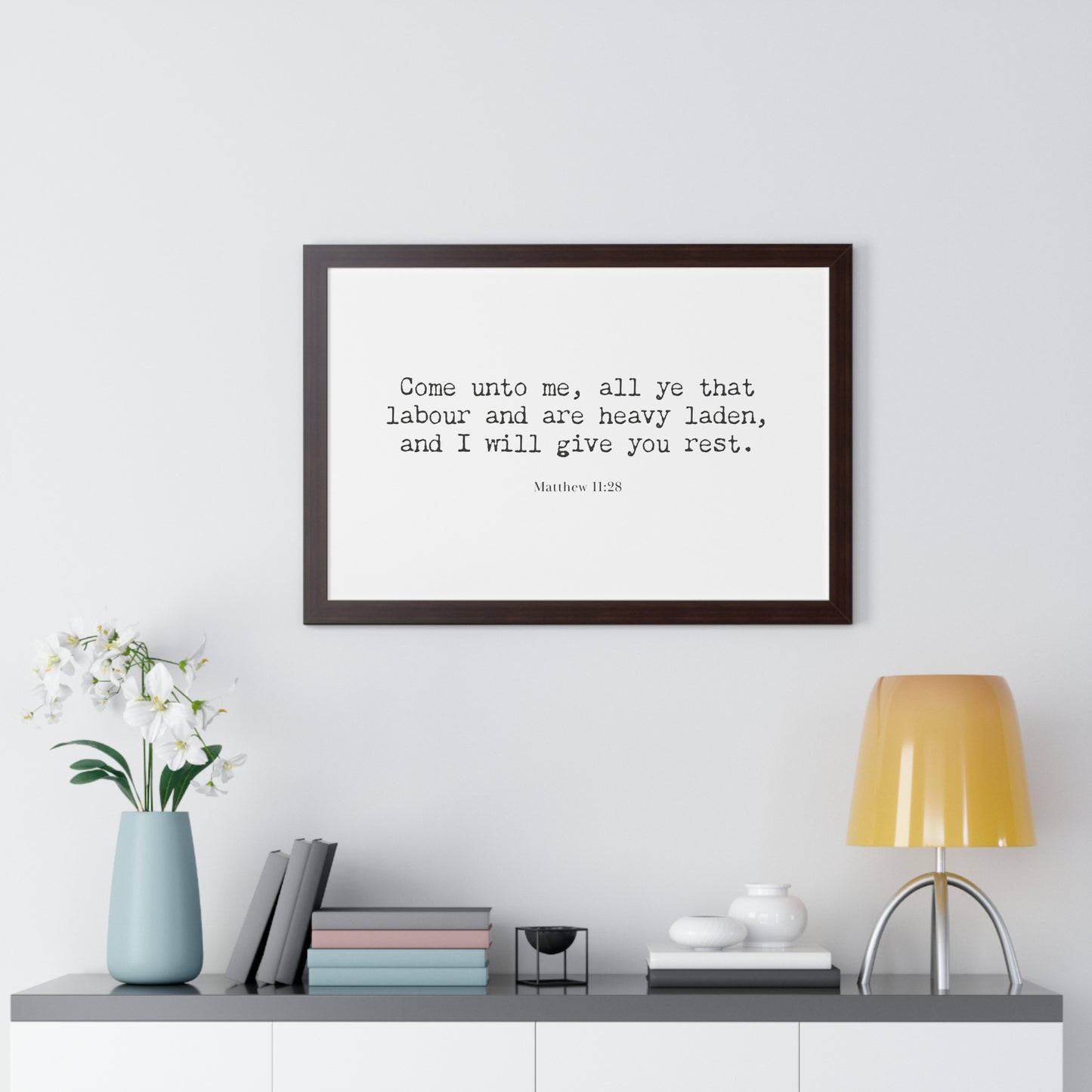 Matthew 11:28 KJV Scripture Art Print | Come Unto Me Christian Wall Decor | Framed Bible Verse Artwork | Religious Home Decor